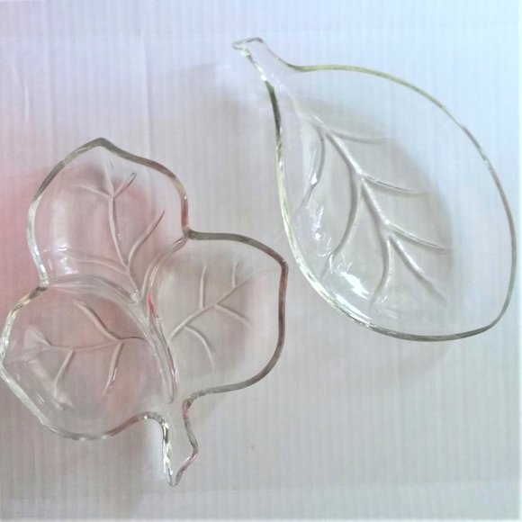 Glass Dish Candy Trinket VTG 2 Clear Leaf 3 Part Divided Bowl Nuts Server Retro - Picture 2 of 5